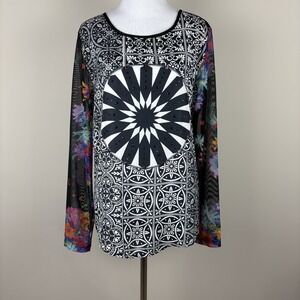 Desigual Top Womens Large Black Multicolor Floral Long Sheer Mesh Sleeve‎ Y2K L